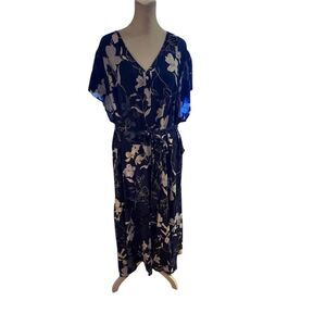Talbots Plus 24W Navy Floral Midi Dress with Belt Short Sleeve